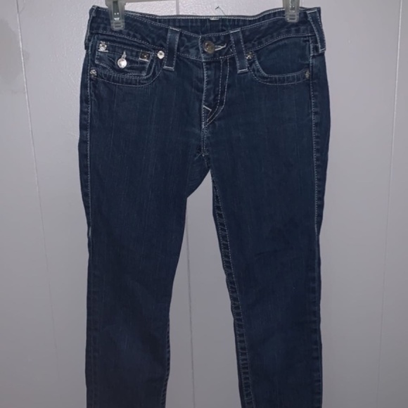 True Religion Jeans Skinny Leg Rhinestone Pocket White Stitching - Picture 2 of 3